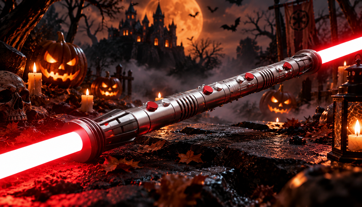 NovaSaber double-bladed lightsaber in a Halloween scene with glowing pumpkins and a haunted castle
