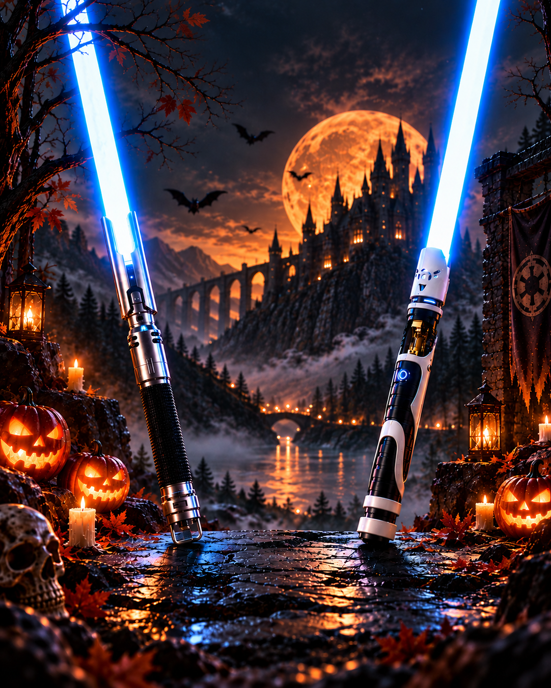 Two NovaSaber lightsabers in a Halloween scene with glowing pumpkins and a haunted castle