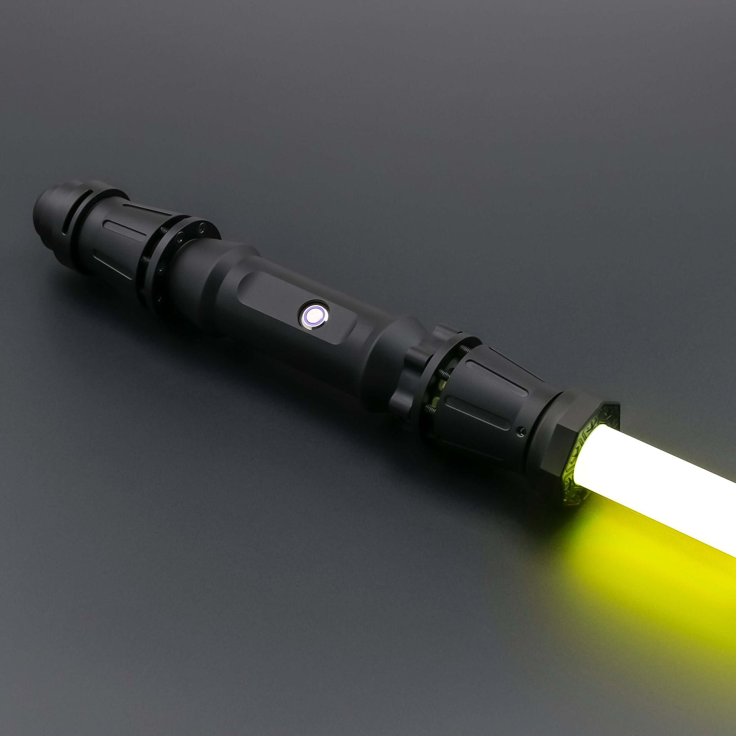 NovaSaber Knight class custom lightsaber with black hilt and yellow blade, professional dueling ready.