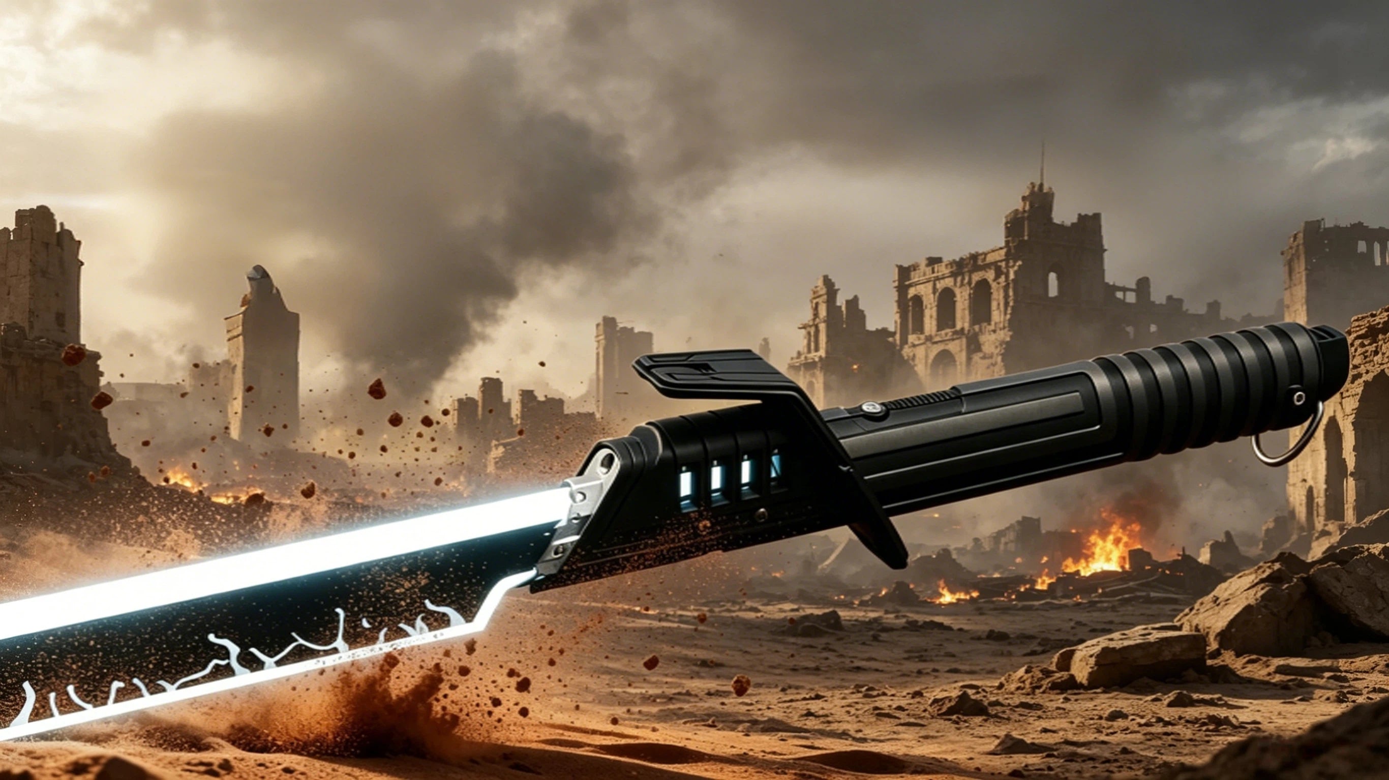 NovaSaber mando pixel lightsaber showcased on a battle-torn Mandalorian city ruin wasteland backdrop, tactical minimalism aesthetic for mobile homepage banner.