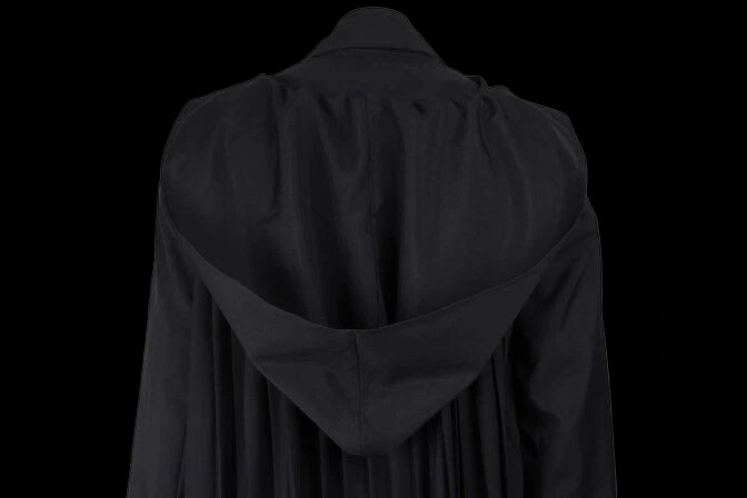 Back view of NovaSaber premium tactical enforcer suit showcasing the hood and draped design.