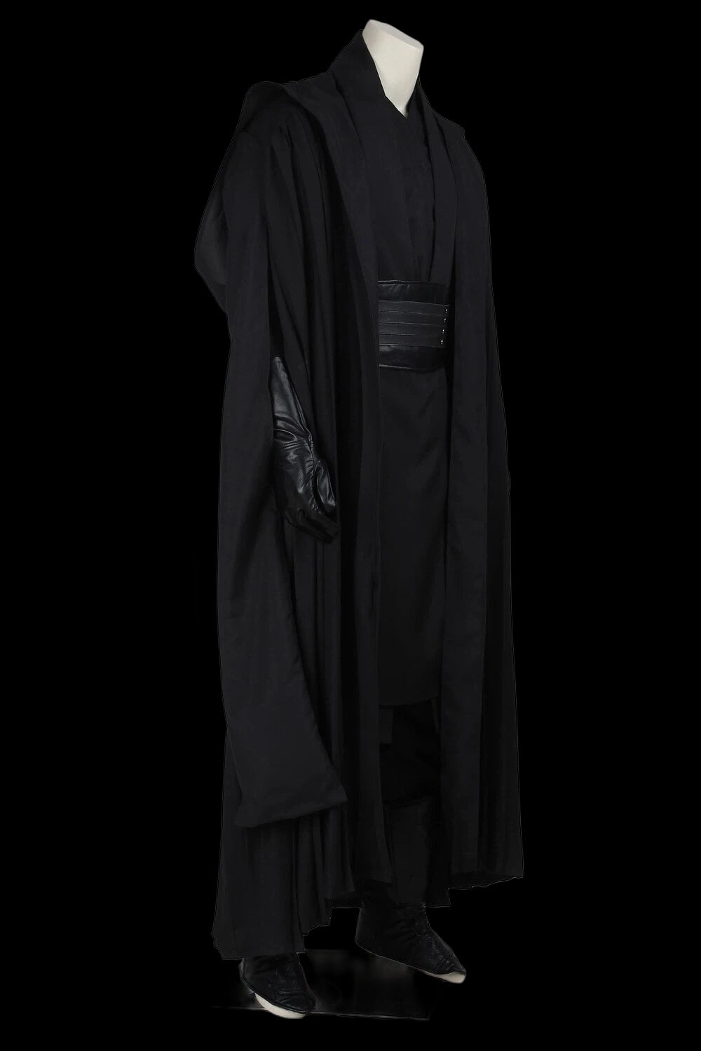 Premium tactical enforcer suit displayed on a mannequin, featuring a sleek black design with a long cloak and gloves.