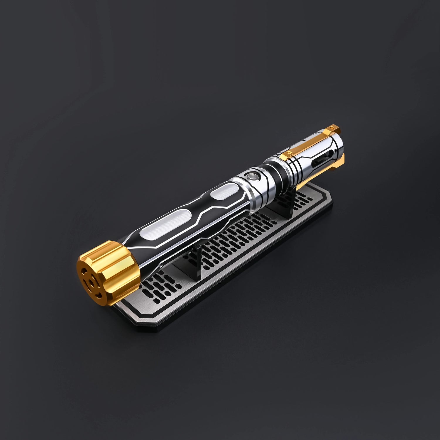 Close-up of the Skyrim lightsaber hilt, showcasing premium black and gold metal craftsmanship.