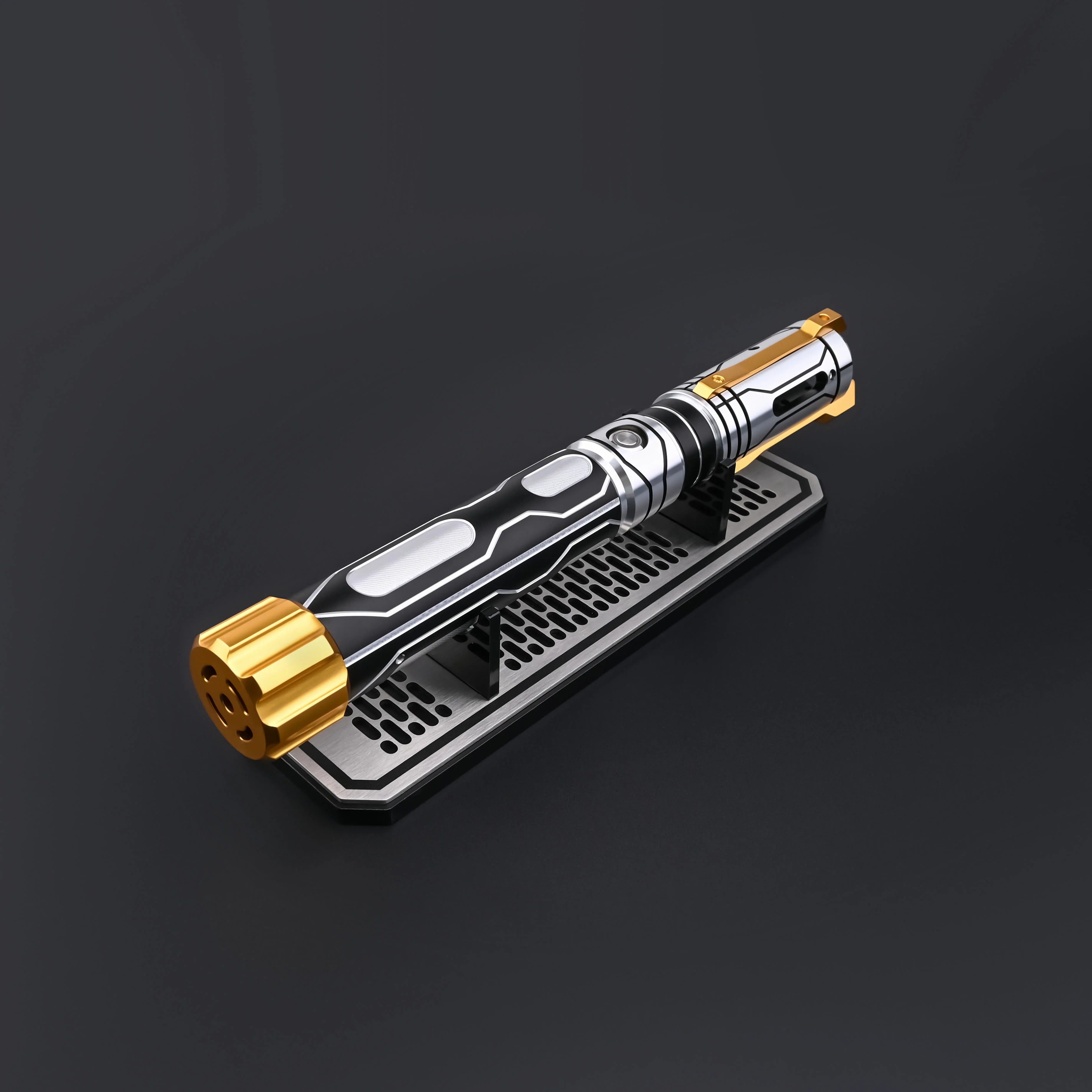 Close-up of the Skyrim lightsaber hilt, showcasing premium black and gold metal craftsmanship.