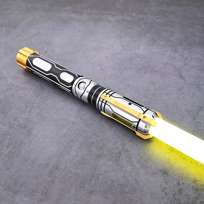 Skyrim lightsaber featuring a sleek black and gold hilt with a bright yellow blade.