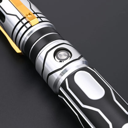 Detailed shot of the Skyrim lightsaber grip area, highlighting the custom aesthetic of this dueling saber.