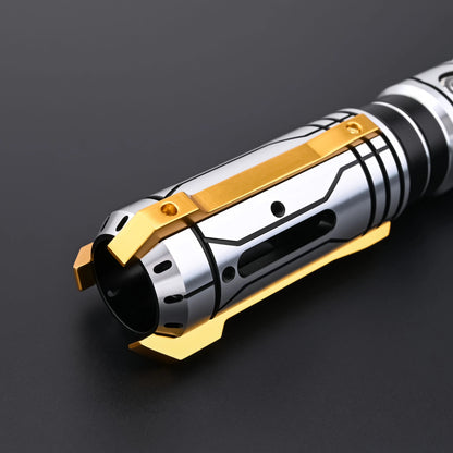 Overhead view of the Skyrim lightsaber hilt detailing the gold-plated accents and textured design.