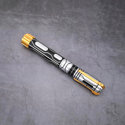 Full view of the Skyrim lightsaber with its distinct yellow energy blade and metallic hilt design.
