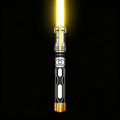 Skyrim lightsaber featuring a premium black and gold hilt with a bright yellow blade.