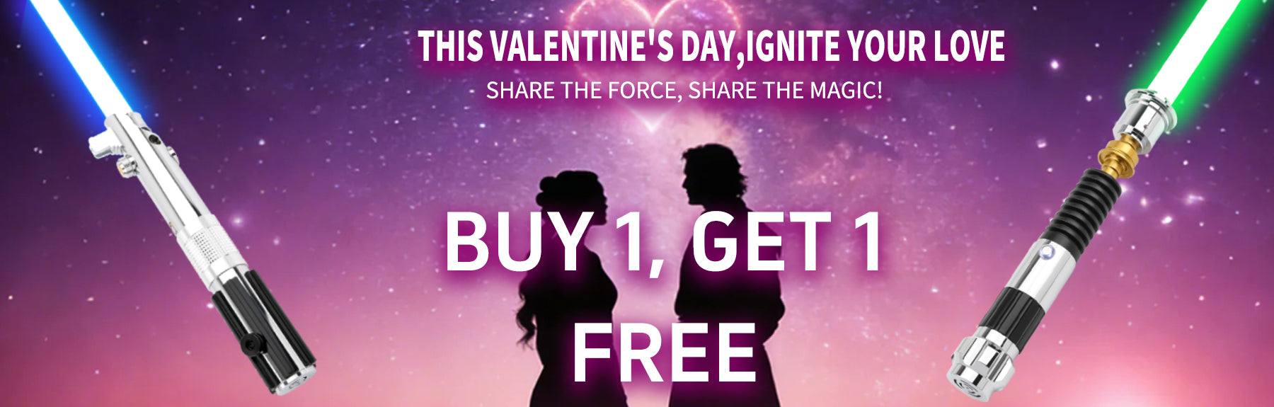 Valentine’s Day NovaSaber lightsaber banner featuring Buy 1 Get 1 Free offer with romantic galaxy background