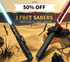 NovaSaber lightsaber bundle deal with two colorful sabers set in a desert landscape