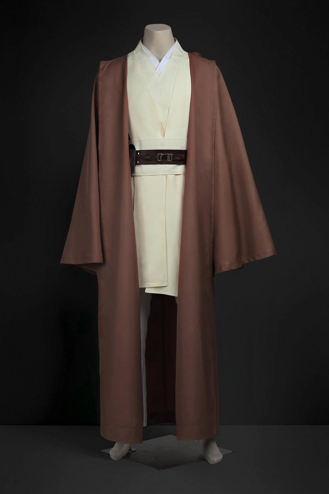 Obi-Wan Kenobi Jedi costume featuring inner vest, outer tunic, hooded robe, pants, and utility belt.