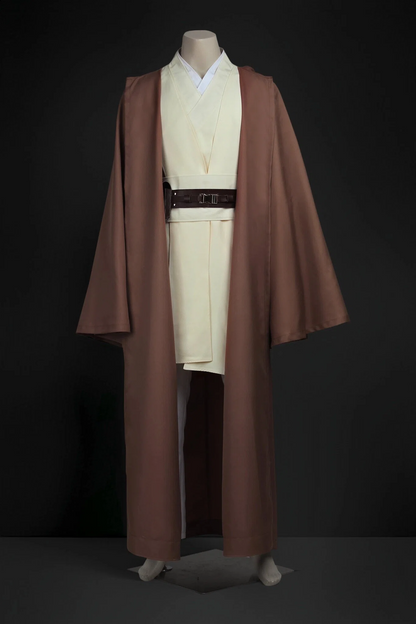Obi-Wan Kenobi Jedi costume featuring inner vest, outer tunic, hooded robe, pants, and utility belt.