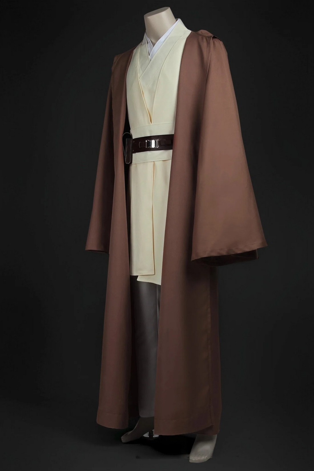 Obi-Wan Kenobi Jedi costume featuring an inner vest, outer tunic, hooded robe, pants, and utility belt.