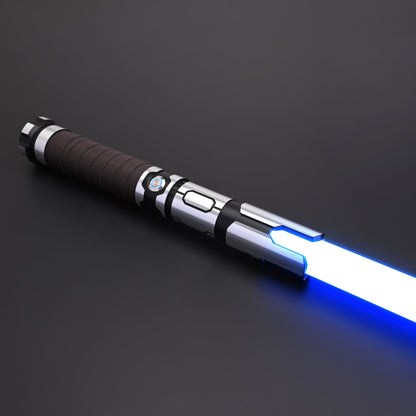 Close-up of an Obsidian Elite Trinity lightsaber hilt with a bright blue blade