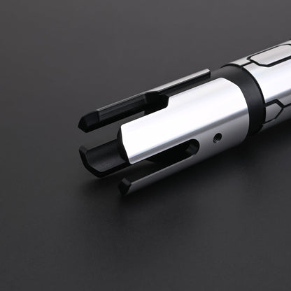 Close-up of the Obsidian Elite Trinity lightsaber emitter and hilt design details