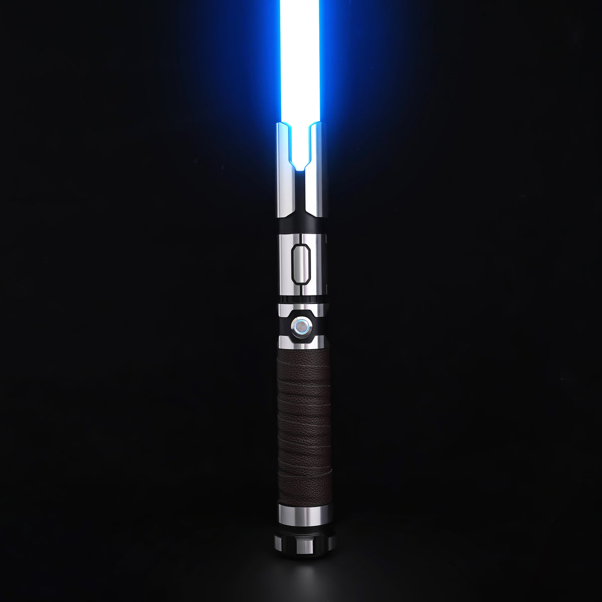 Obsidian Elite Trinity lightsaber hilt standing upright with glowing blue blade
