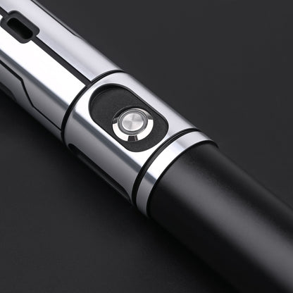 Detailed view of the Obsidian Elite Trinity lightsaber hilt control button and grip