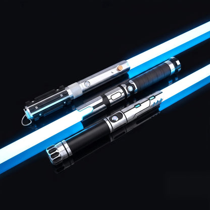 Obsidian Elite Trinity lightsaber set featuring three hilts with glowing blue blades
