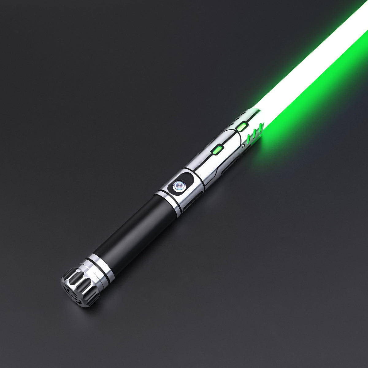 Obsidian Elite Trinity lightsaber hilt featuring a vibrant green blade effect