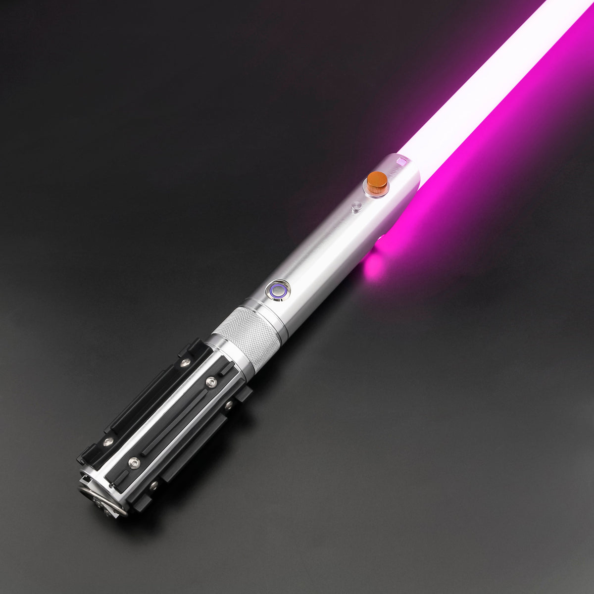 Obsidian Elite Trinity lightsaber hilt with a glowing purple blade