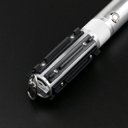 Close-up of the Obsidian Elite Trinity lightsaber hilt design and grip details