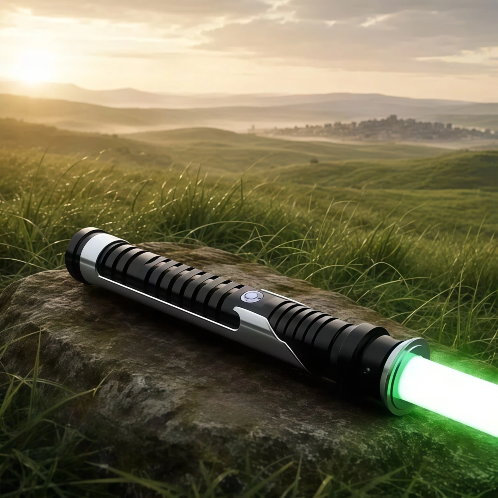 NovaSaber affordable replica lightsaber with detailed metal hilt and bright green blade, perfect for budget-friendly dueling.