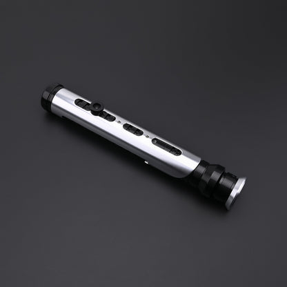 Detailed metallic emitter and grip texture of the Qui-Gon SE lightsaber hilt