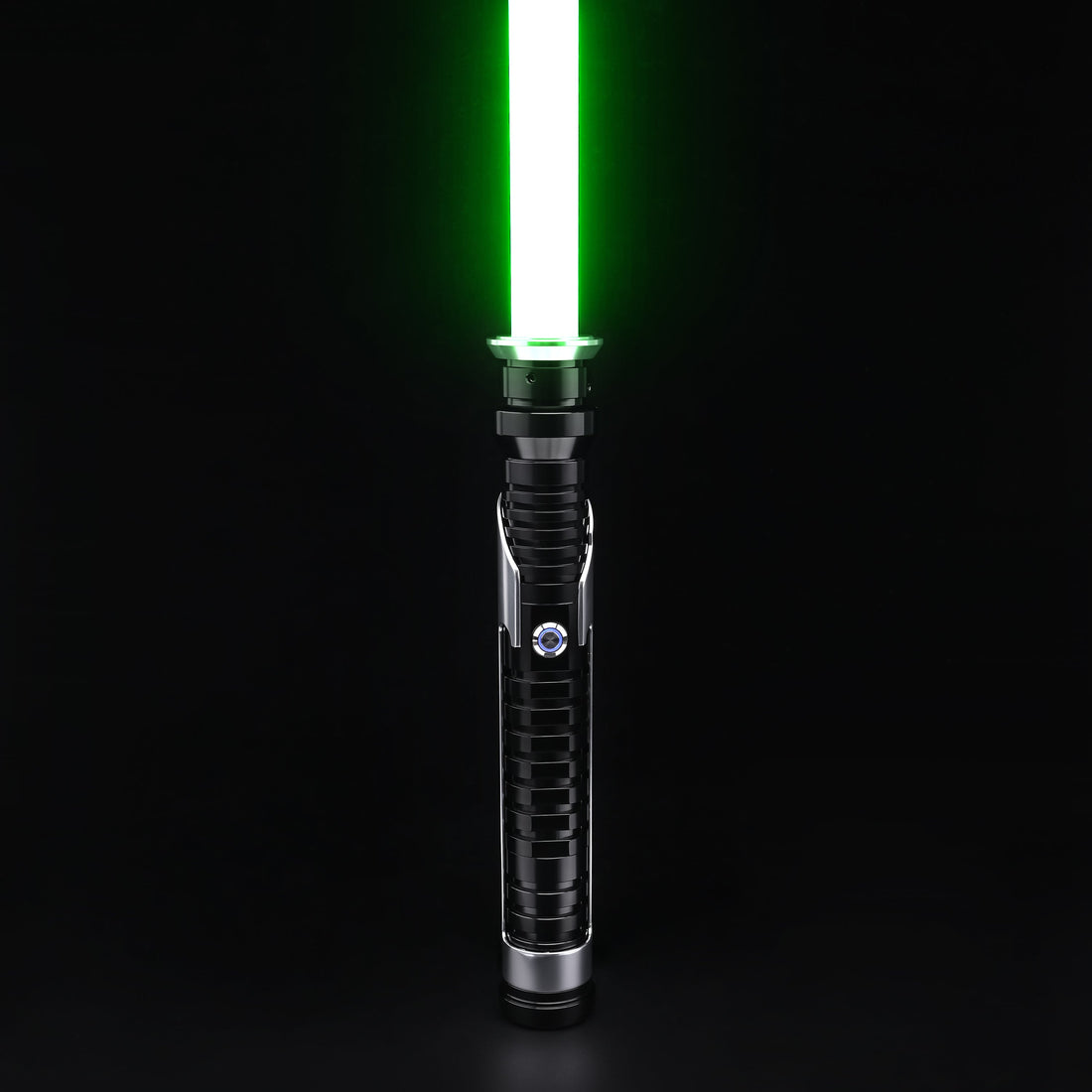 Qui-Gon SE lightsaber hilt standing upright with a vibrant green blade