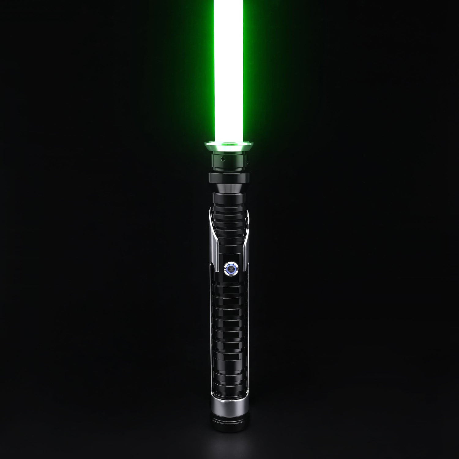 Qui-Gon SE lightsaber hilt standing upright with a vibrant green blade