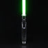Qui-Gon SE lightsaber hilt standing upright with a vibrant green blade