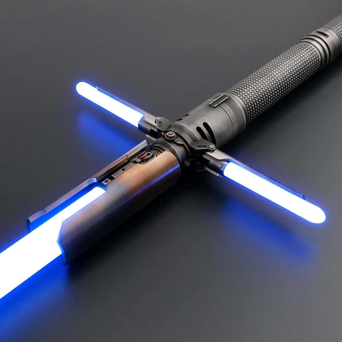 Survivor Crossguard Bundle featuring a tactical lightsaber with blue blades on a sleek black background.