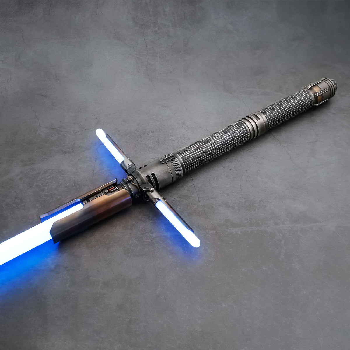 Survivor Crossguard Bundle: tactical lightsaber with blue blades on a textured backdrop.