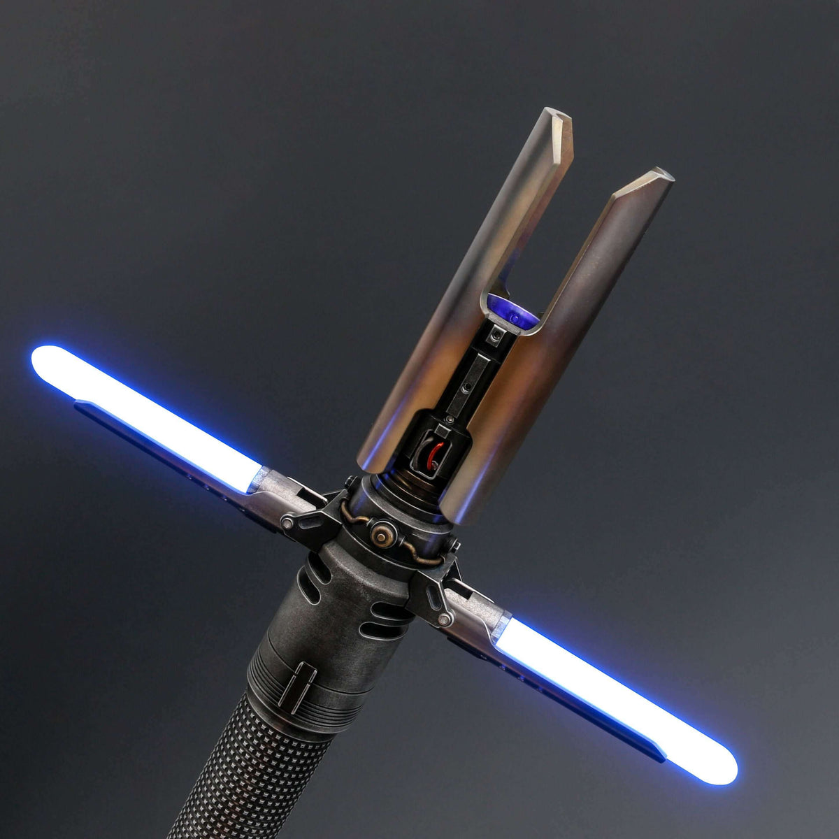 Survivor Crossguard Bundle featuring a tactical lightsaber with blue blades and intricate detailing.