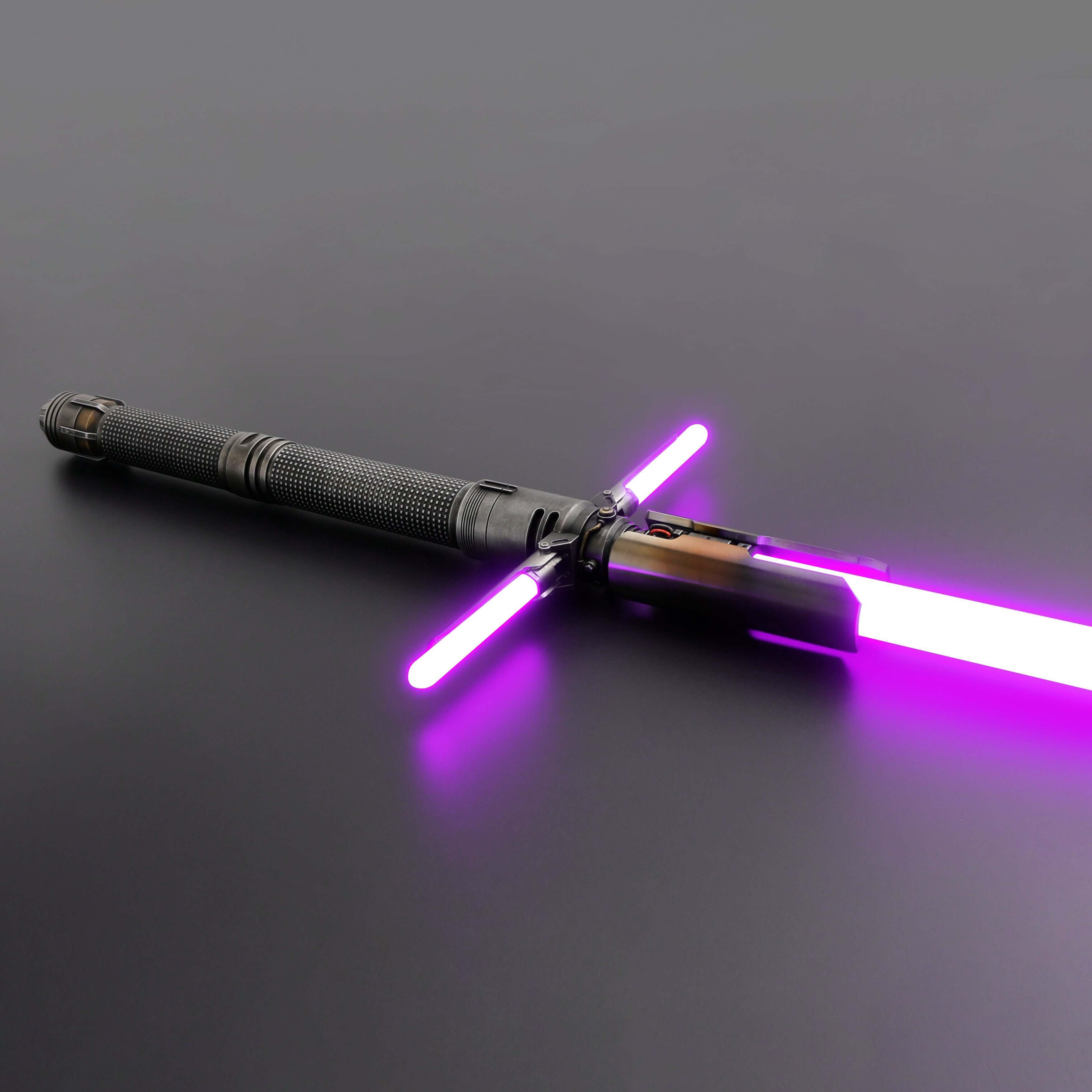 Survivor Crossguard Bundle features a tactical lightsaber with dual purple blades, perfect for modern exploration.