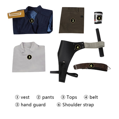 Survivor SE tactical lightsaber and outfit bundle including vest, pants, tops, belt, hand guard, and shoulder strap.