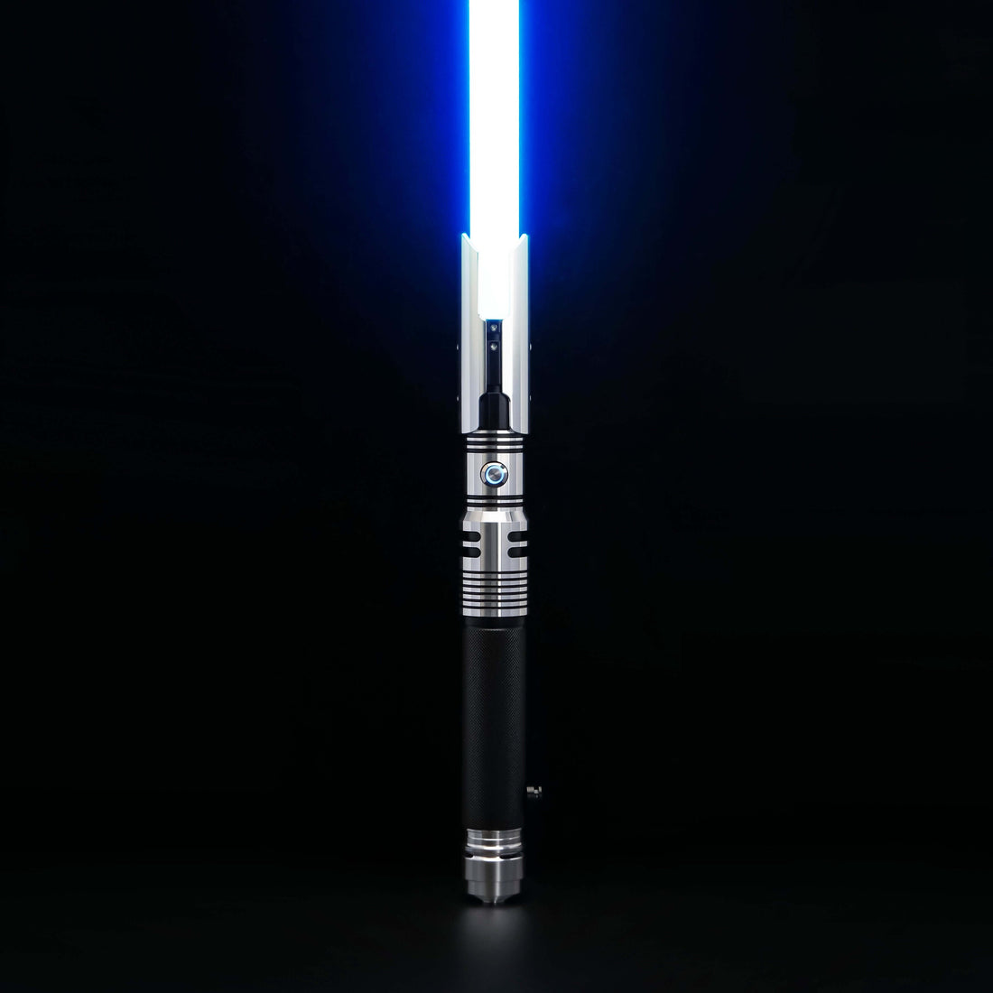 tactical lightsaber and outfit bundle featuring a bright blue LED lightsaber on a black background.