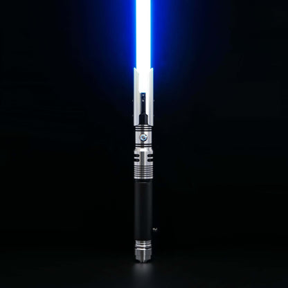 tactical lightsaber and outfit bundle featuring a bright blue LED lightsaber on a black background.