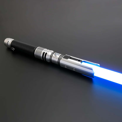 tactical lightsaber and outfit bundle featuring a sleek lightsaber with a blue blade on a dark background.