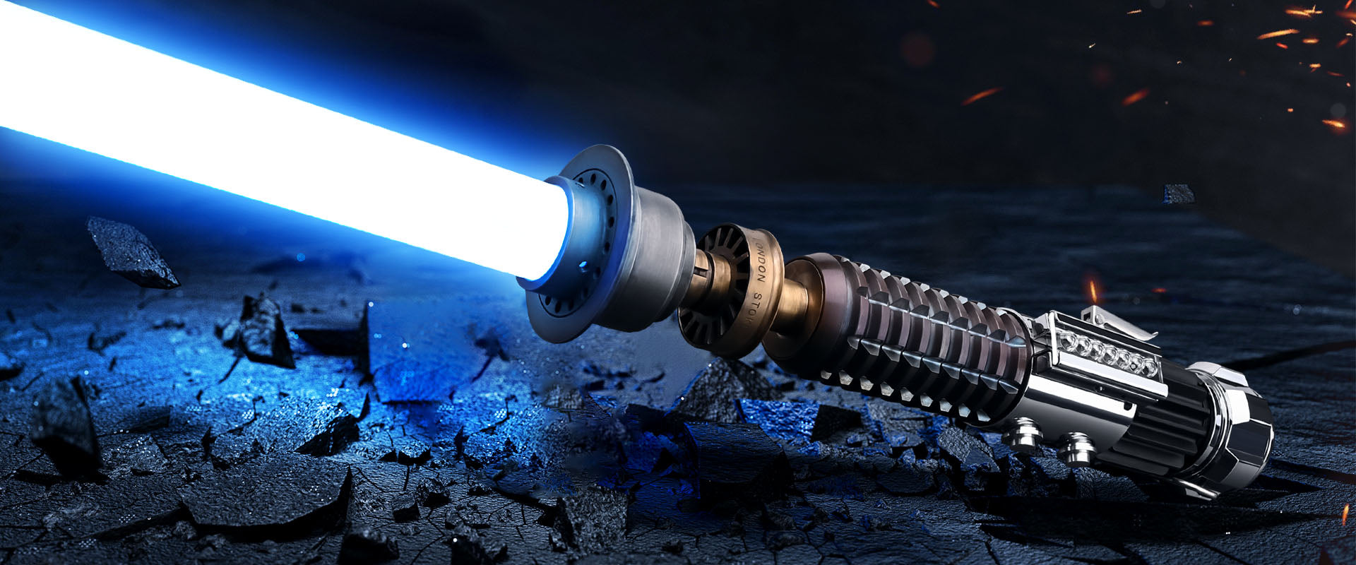 Premium tactical replica lightsaber with a glowing blue plasma blade, positioned on a shattered dark rock background, desktop banner view.