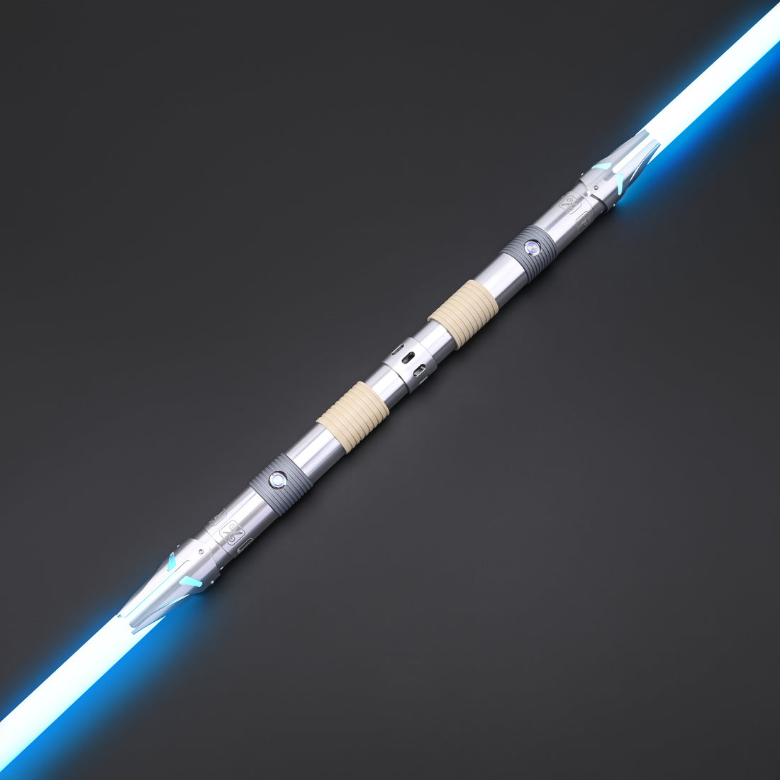 Iron Tempest Dual Lightsaber - Full-Length Staff View with Glowing Blue Blades
