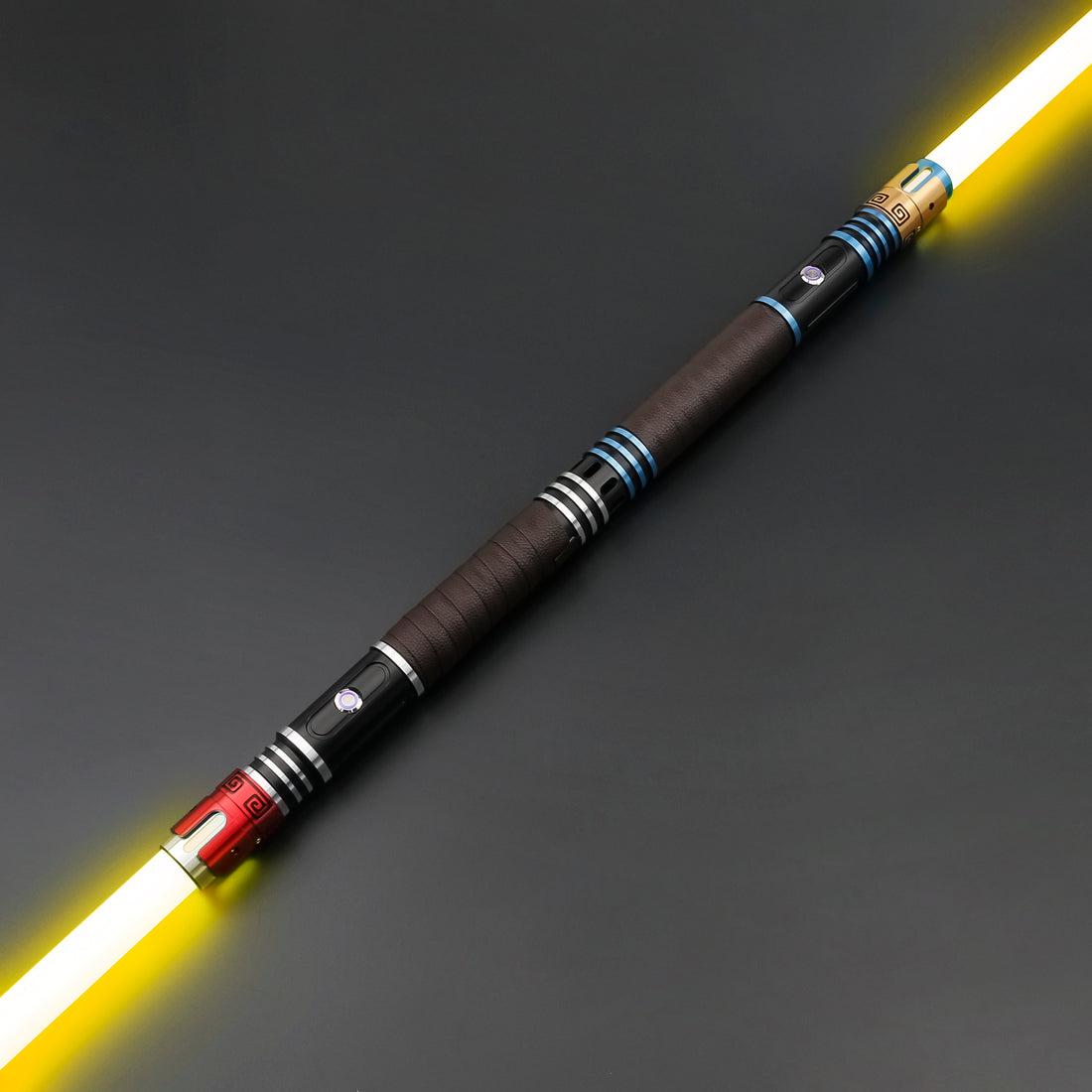 The Sovereign Twin Lightsabers with bright orange blades lit up