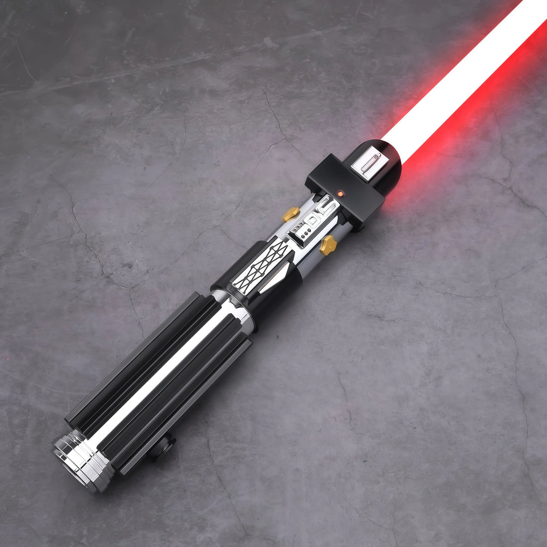 Tactical view of the NovaSaberVader EP3 lightsaber with glowing red blade