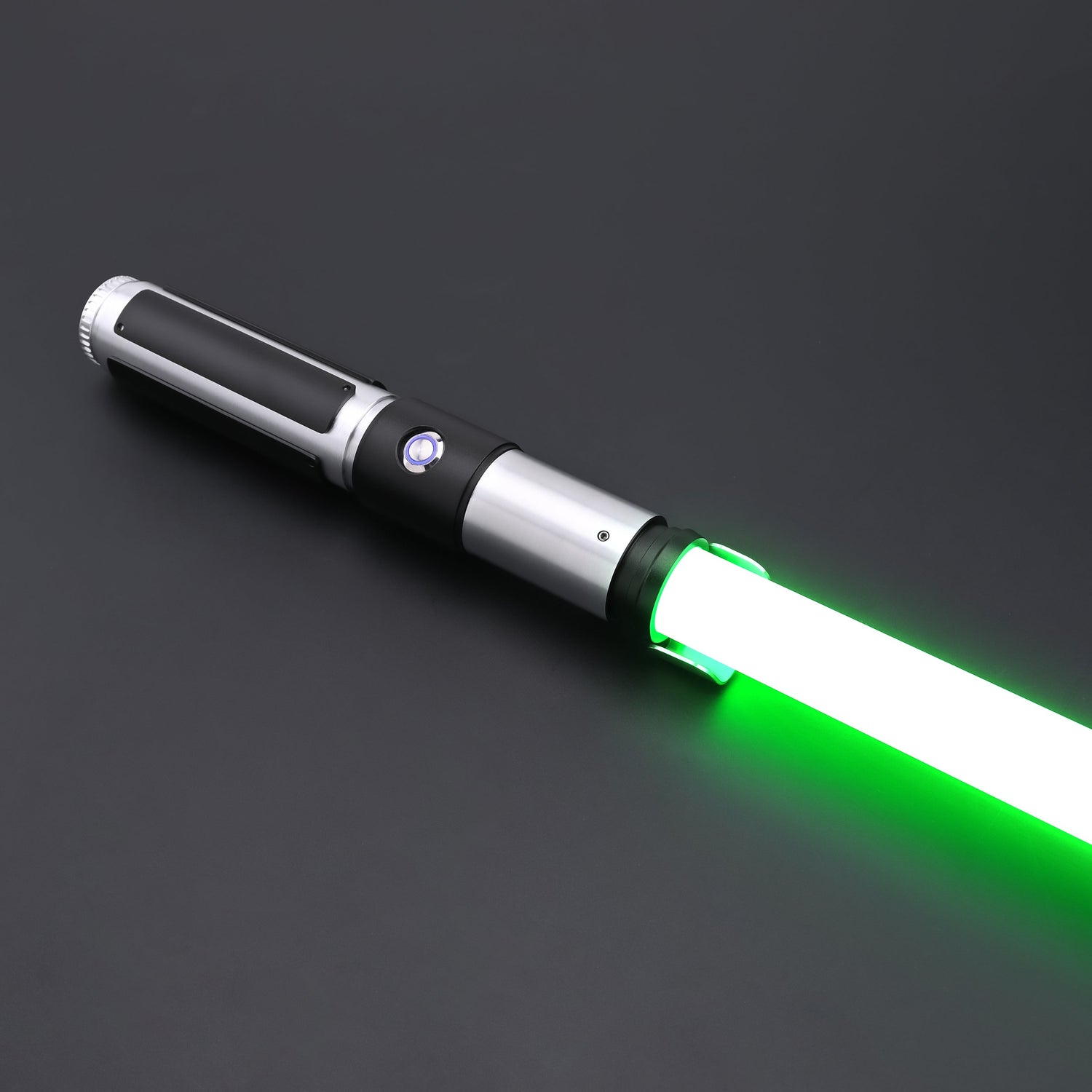 Yoda SE Lightsaber with a sleek silver hilt and vibrant green blade on a black background.