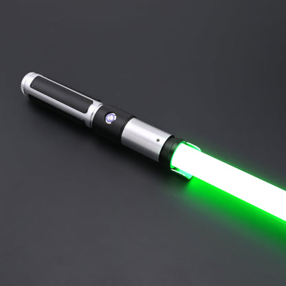Yoda SE Lightsaber with a sleek silver hilt and vibrant green blade on a black background.