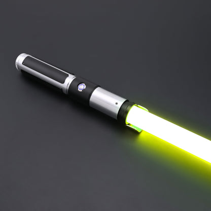 Yoda SE Lightsaber with a sleek hilt and glowing yellow blade against a dark background.