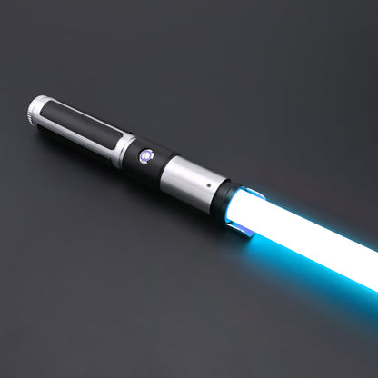 Yoda SE Lightsaber resting on a black background, featuring a sleek hilt and glowing blue blade.